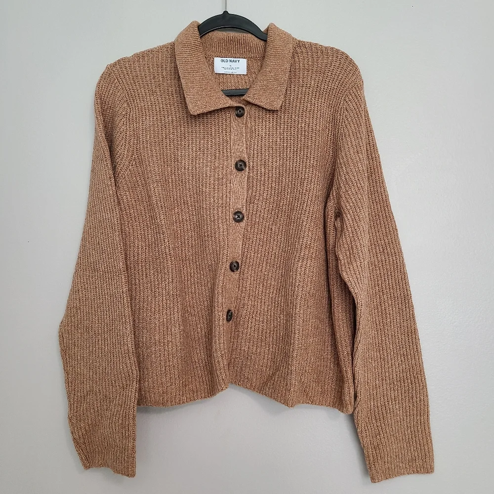 Old Navy SoSoft Minimal Neutral Collard Button Up Beige Tan Cardigan Waffle XL